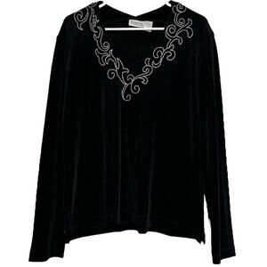 Chico's Travelers Top Slinky Pullover V-Neck Embroidered Detail Black 2 Large